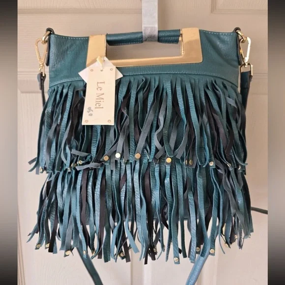 Le Miel Fringe Crossbody Bag Blue Women Cluch Detachable Strap Western 90s New - Picture 5 of 16